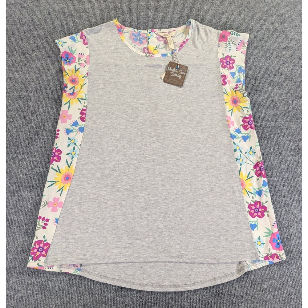 Matilda Jane Womens Floral Mixed Media Knit Top Grey Pink Yellow Size M NEW